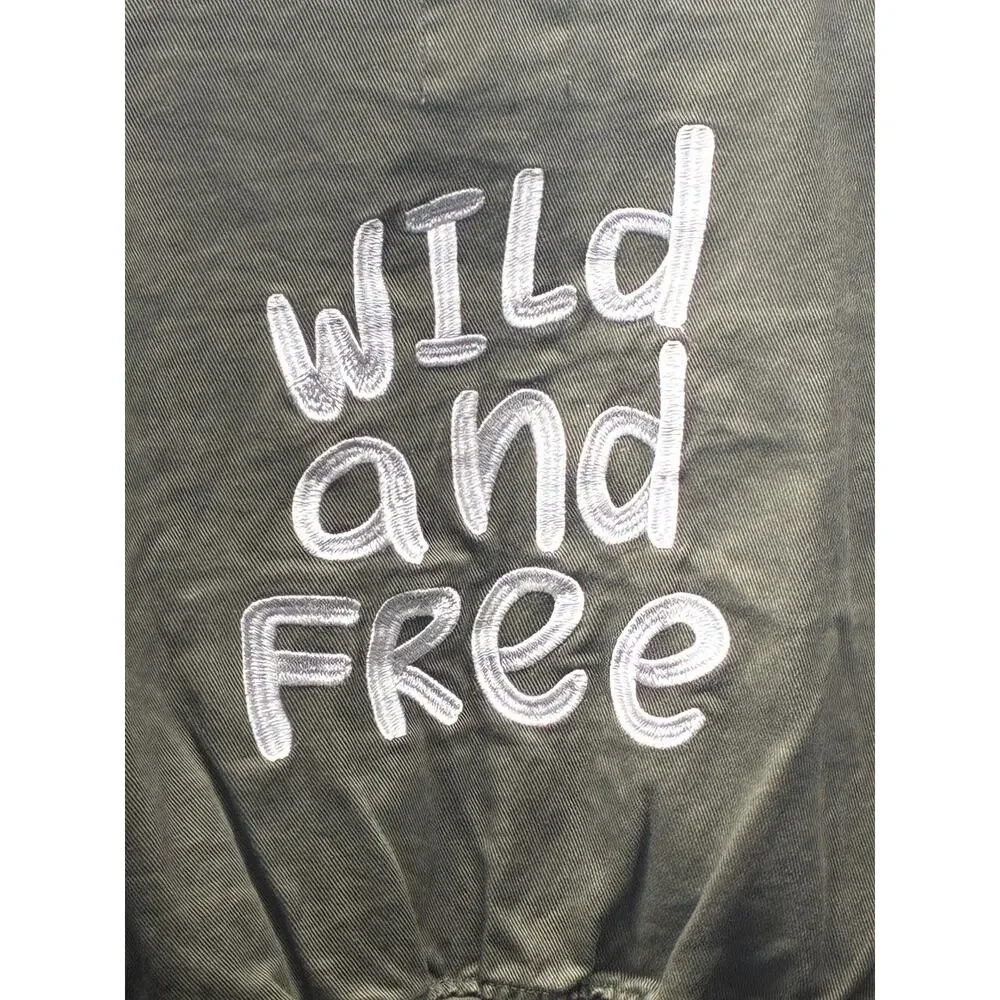 Wild Rose Los Angeles Cropped Bomber Jacket Green Zip Front Embroidered Small